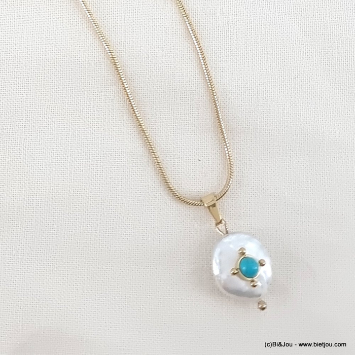 Collier acier inoxydable médiéval perle eau douce pierre femme 0123088 bleu turquoise