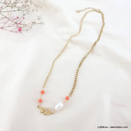 Collier acier inoxydable laurier billes pierre perle chaîne double maille femme 0123066 rouge corail