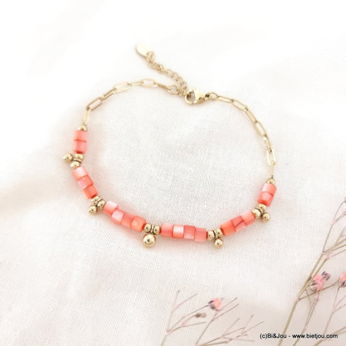 Bracelet acier inoxydable rondelles pierre femme 0223066 rouge corail