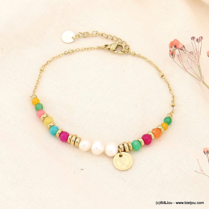 Bracelet pièce de monnaie pierres et chaîne acier inoxydable femme 0223076 multi