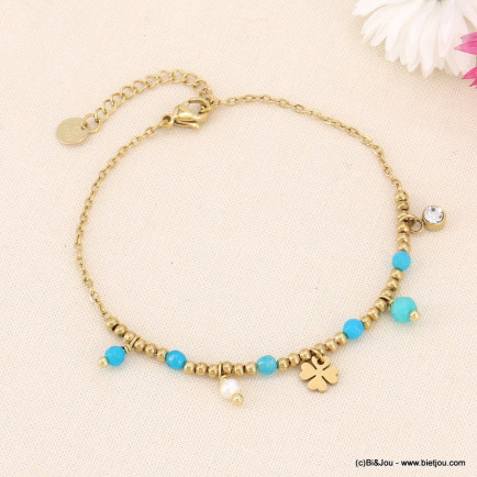 Bracelet trèfle porte-bonheur acier perles et pierres naturelles femme 0223081 bleu turquoise