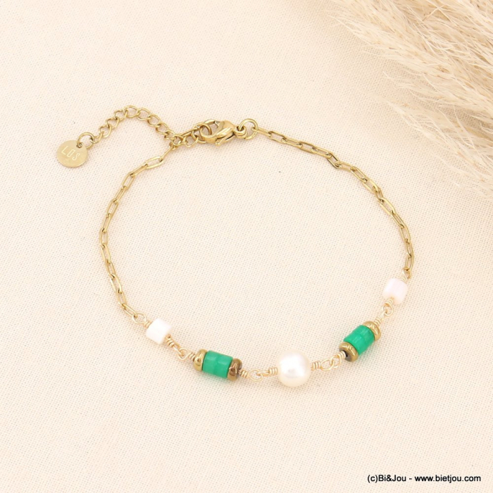 Bracelet perle eau douce véritables, pierres et chaîne acier inoxydable femme 0223068 vert