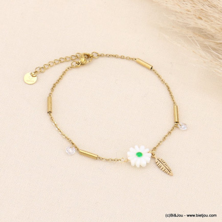 Bracelet marguerite en nacre, plume, strass et chaîne en acier inoxydable femme 0223072 vert