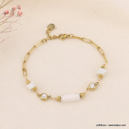 Bracelet perle rectangle en pierre, gros strass et chaîne fantaisie acier inoxydable femme 0223083 blanc