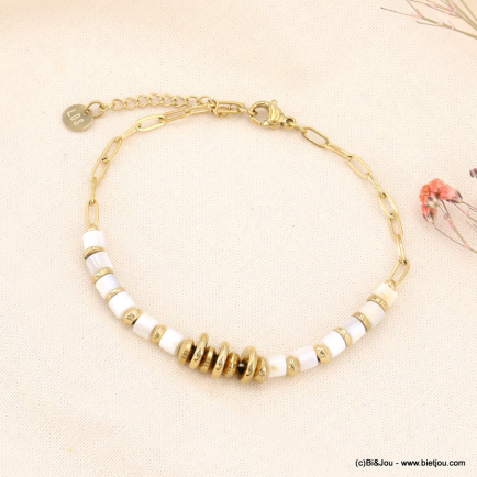 Bracelet disques de pierre et acier inoxydable femme 0223075 blanc