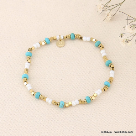 Bracelet élastique bohème pierres naturelles, nacre et perles acier inoxydable 0223077 bleu turquoise