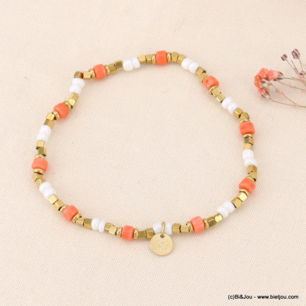 Bracelet élastique bohème pierres naturelles, nacre et perles acier inoxydable 0223077 saumon