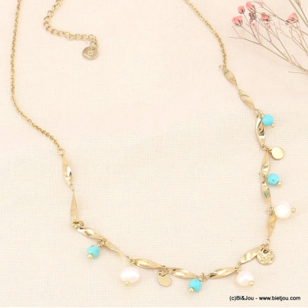Collier torsadé en acier inoxydable, perles en pierre et perles d'eau douce véritables 0123061 bleu turquoise