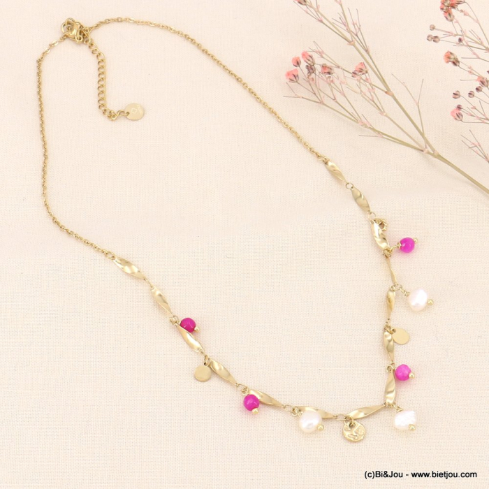 Collier torsadé en acier inoxydable, perles en pierre et perles d'eau douce véritables 0123061 fushia