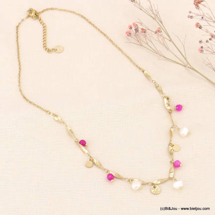Collier torsadé en acier inoxydable, perles en pierre et perles d'eau douce véritables 0123061 fushia