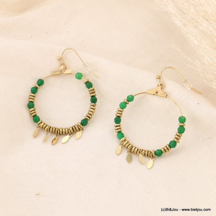 Boucles d'oreilles pendantes cercles en acier inoxydable, pierres et plumes acier femme 0323055 vert