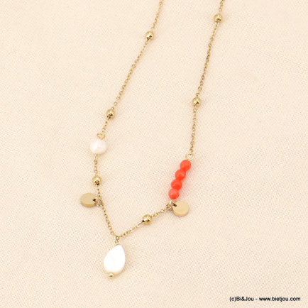 Collier breloques acier inoxydable, pierres et perle d'eau douce femme 0123074 rouge corail