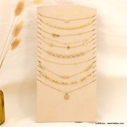 Ensemble 10 colliers acier inoxydable, strass, trèfle, cœur, soleil avec présentoir 0123024 doré
