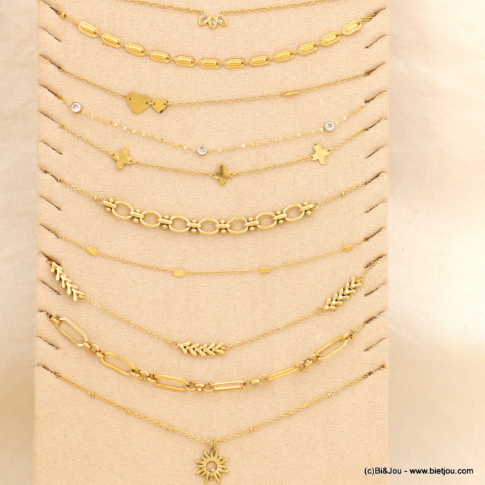 Ensemble 10 colliers acier inoxydable, strass, trèfle, cœur, soleil avec présentoir 0123024 doré