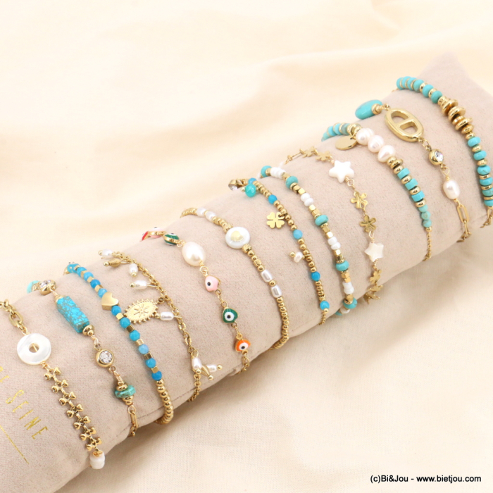 Ensemble de 12 bracelets fleur coeur trèfle étoile oeil perle pierre nacre acier inoxydable strass femme 0223087