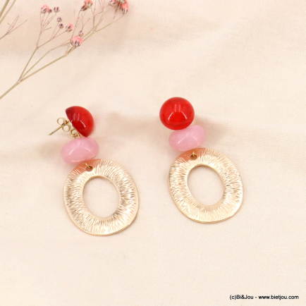Boucles d'oreilles pendantes pierres et disques gravés métal 0323190 rouge