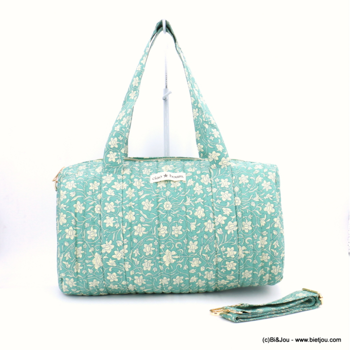Sac bowling matelassé fleurs imprimées coton bandoulière sac de voyage 0923047 vert