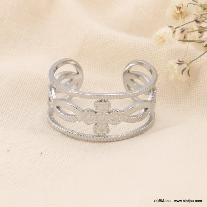 Bague bohème-chic trois rangs fleur acier inoxydable 0423103 argenté
