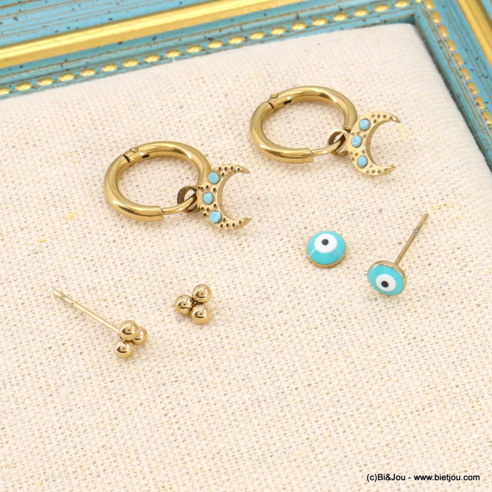Trio de boucles d'oreilles acier inoxydable oeil et lunes pour femme 0323153 doré