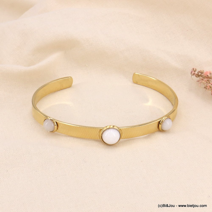 Bracelet jonc en acier inoxydable cabochon pierres véritables pour femme 0223129 blanc