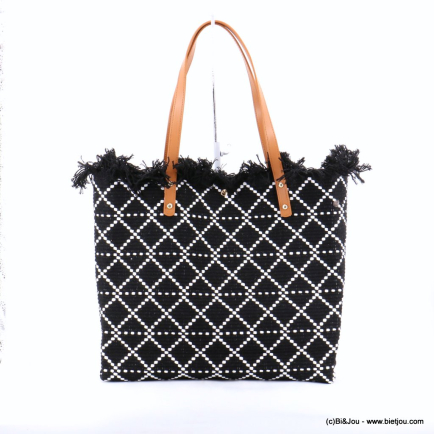 Cabas porté épaule coton tressé losange franges anses simili-cuir femme 0923037 noir