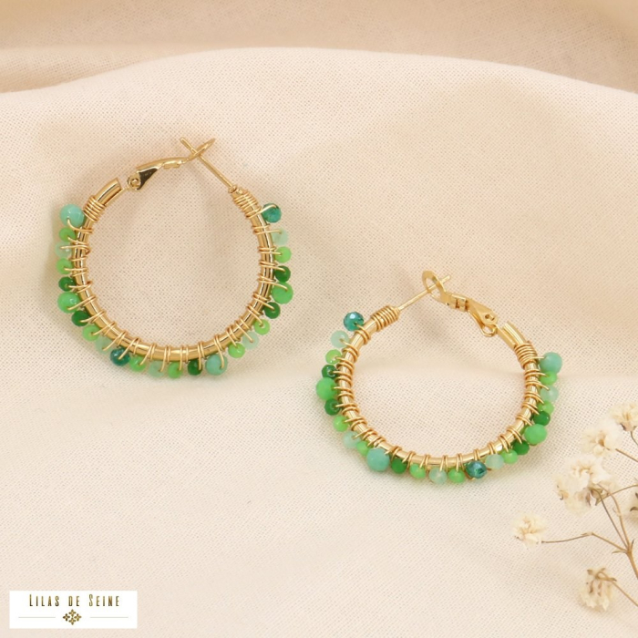 Boucles d'oreilles créoles perles pierres brodées 0323136 vert