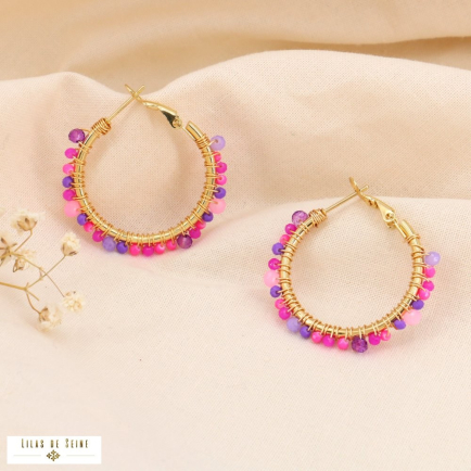 Boucles d'oreilles créoles perles pierres brodées 0323136 fushia