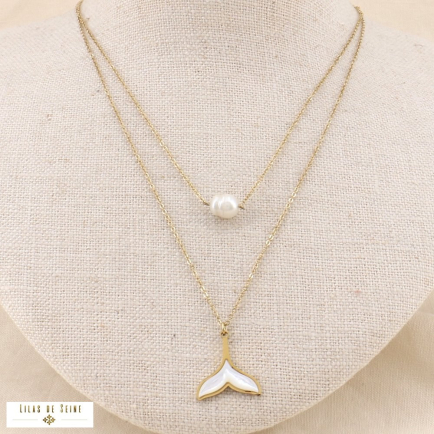Collier acier pendentif queue de baleine et perle eau douce 0123114 blanc