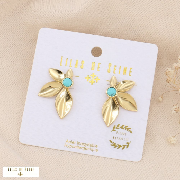 Boucles d'oreilles feuillages oversized pierres acier inoxydable 0323189 bleu turquoise