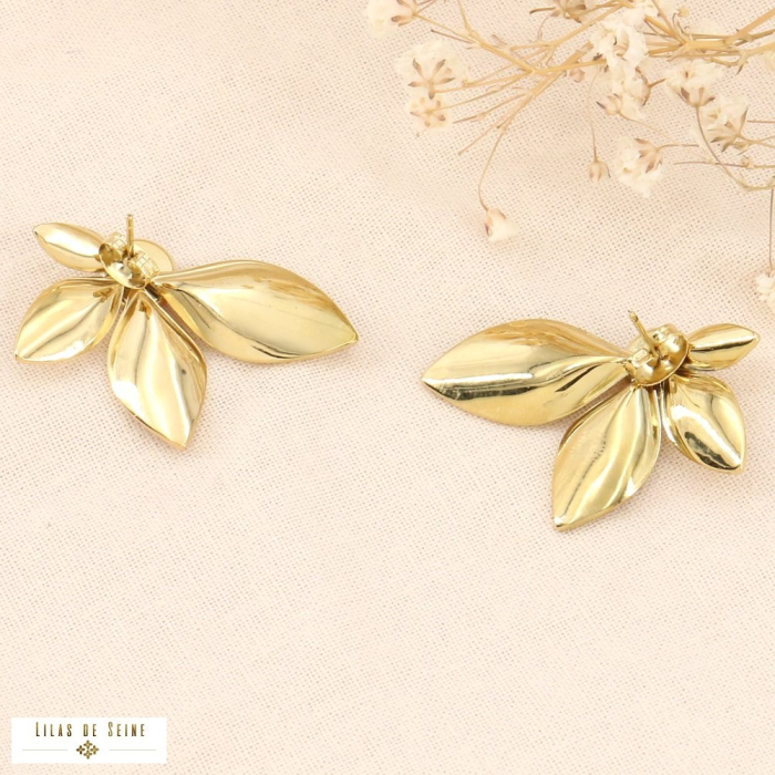 Boucles d'oreilles feuillages oversized pierres acier inoxydable 0323189 fushia