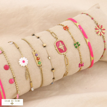 Boudin de 10 bracelets avec tréfle, marguerite, abeille en acier et émail pour femme 0223184 fushia