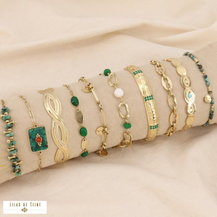 Coussin de 10 bracelets bohème avec pierres véritables, étoiles, strass, oeil en acier 0223186 vert