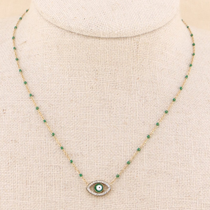 Collier court acier inoxydable oeil talisman émail femme 0123162 vert