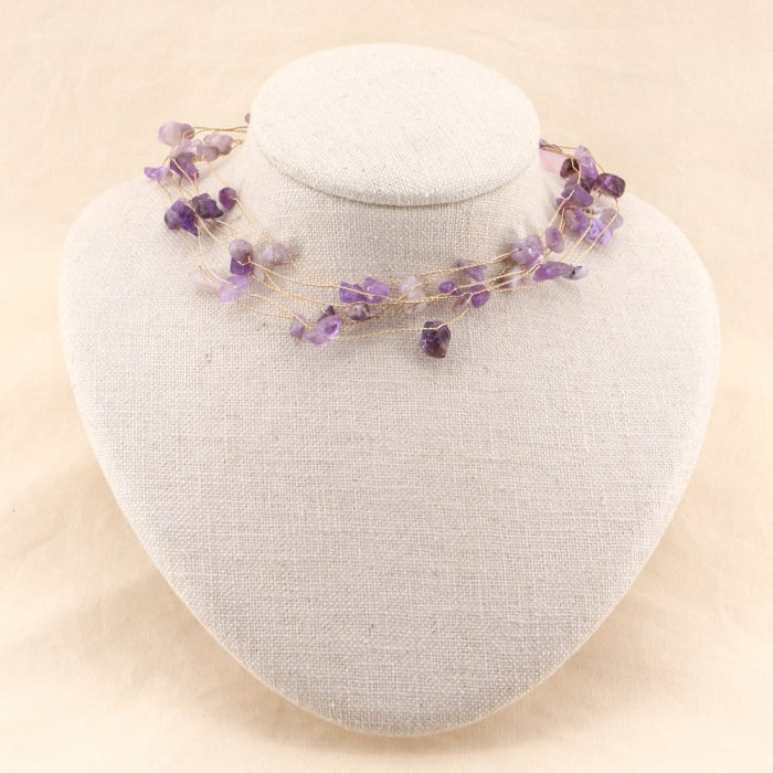 Collier ras de cou perles pierres naturelles et métal 0123137 violet