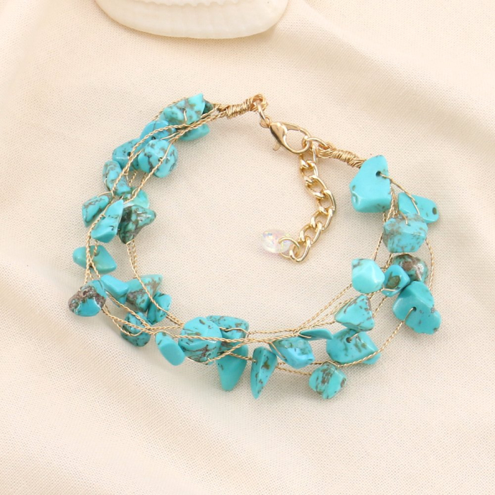 Bracelet perles biseautées pierres et chaînes métal 0223150 bleu turquoise
