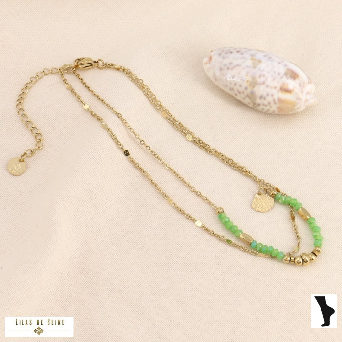 Chaine de cheville acier inoxydable double-chaines cristal femme 0223167 vert