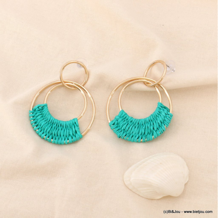Boucles d'oreilles XXL paille tressage coloré anneau métal femme 0323208 bleu turquoise