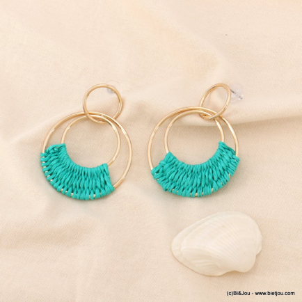 Boucles d'oreilles XXL paille tressage coloré anneau métal femme 0323208 bleu turquoise