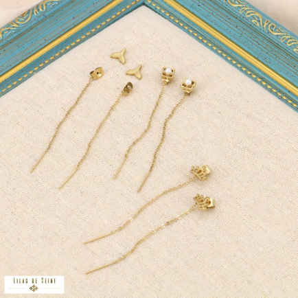 Set de 3 paires de boucles d'oreilles minimaliste chaînettes acier inoxydable couronne fleur monopalme sirène 0323198 doré