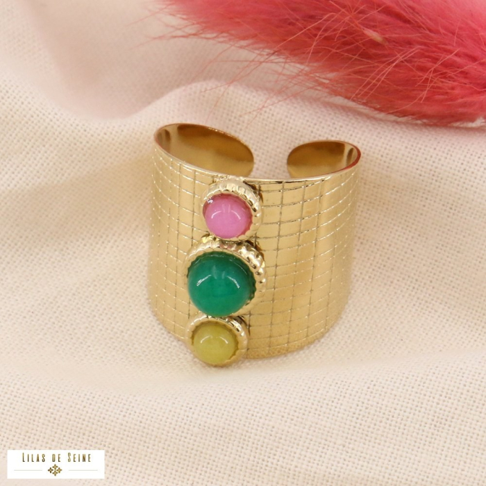 Bague large acier trois pierres naturelles 0423168 multi