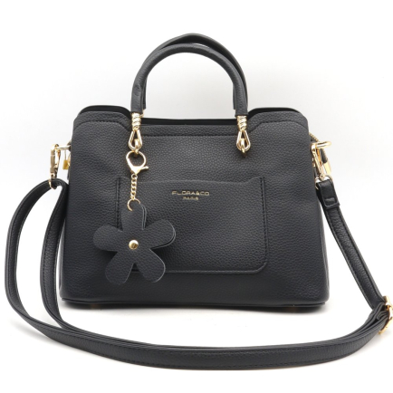 Petit sac à main porté main trois compartiments fermoir zip porte-clef fleur simili-cuir 0923507 noir