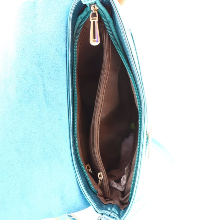 Besace simili-cuir avec rabat et multi-poches en simili-cuir brillant pour femme 0923502 bleu canard