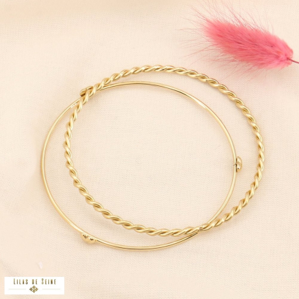 Duo de bracelets jonc acier inoxydable coeur corde 0223016 doré