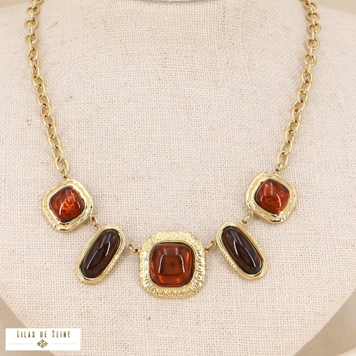 Collier court vintage acier inoxydable cabochon résine 0123525 orange foncé