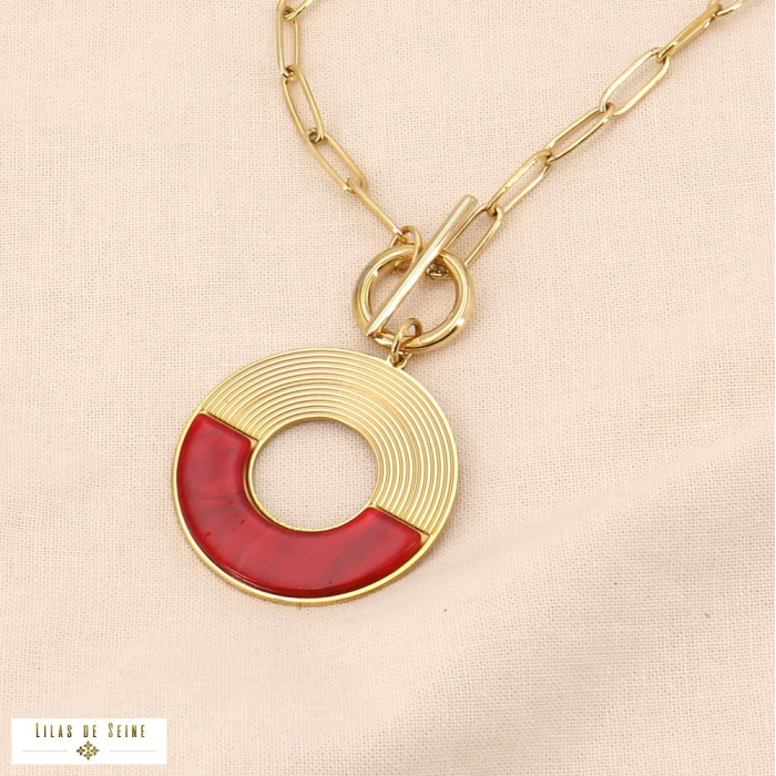 Collier fermoir à bascule et pendentif cercle acier inoxydable et acrylique 0123523 rouge bordeaux