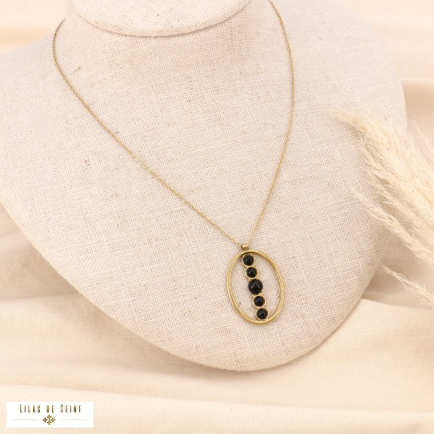 Collier pendentif ovale en acier inoxydable et rangée de perles en pierre véritable 0123529 noir