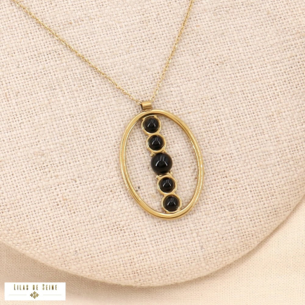 Collier pendentif ovale en acier inoxydable et rangée de perles en pierre véritable 0123529 noir