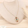 Collier pendentif ovale en acier inoxydable et rangée de perles en pierre véritable 0123529 multi