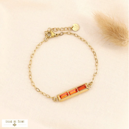 Bracelet tige cristaux facettés rectangles et chaîne gros maillons en acier inoxydable 0223513 orange foncé