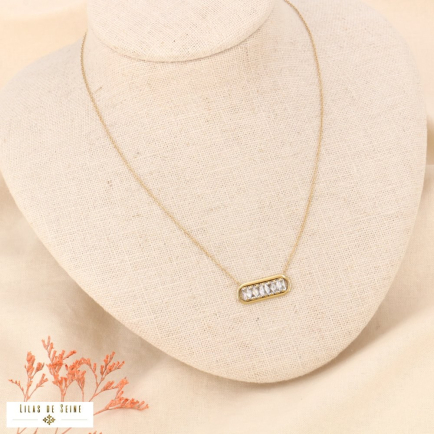 Collier pendentif ovale en acier inoxydable et rangée de strass facettés pour femme 0123532 blanc